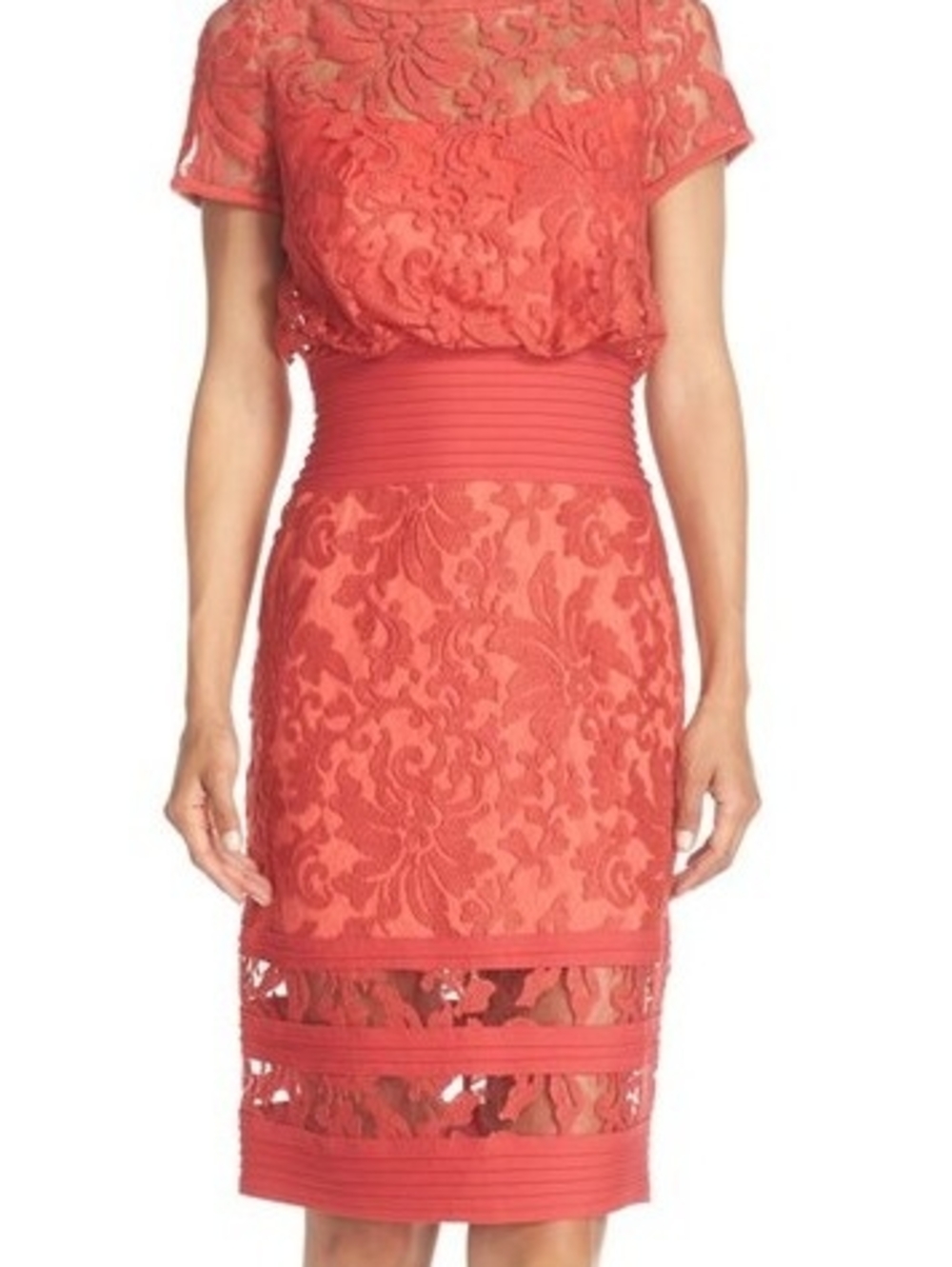 Tadashi Shoji Coral Lace Midi Dress with Band Waist
